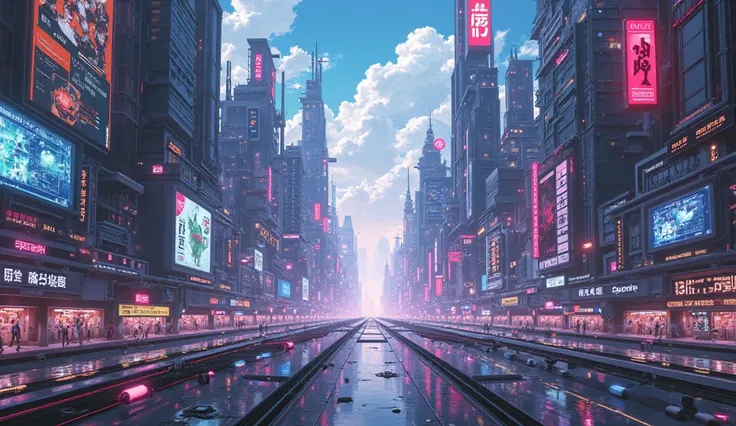 Futuristic city without people anime style avenue video games