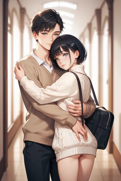  skinny girl ,  grey eyes, Black hair, short hair, wide hips, very small breasts, school, sweater, man hugs her from behind