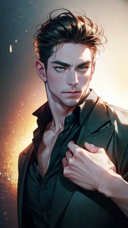 (  better quality,4K,8k,   highres,  masterpiece :1.2),  breasts  ,(Realistic,photoRealistic,photo-Realistic:1.37),36-year-old man,3 day beard,Beautiful anime,Portraits,strong,masculine,    with dark hair  ,sharp jaw,     mesmerizing green eyes   ,    perf...