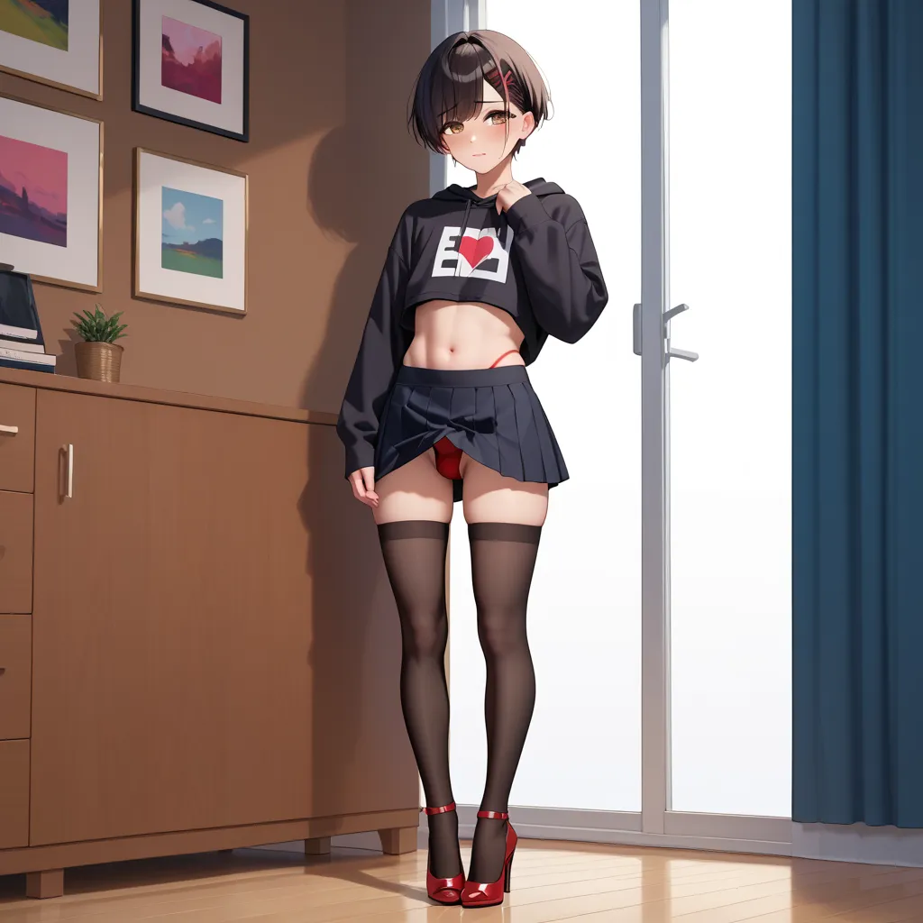  1femboy, stands on his feet, short black hair,  brown eyes,  red thong, black sweatshirt, black stockings, black skirt knee length, red high heels, shy,  decent, the navel is not open, and the skirt is not raised, очень  decent