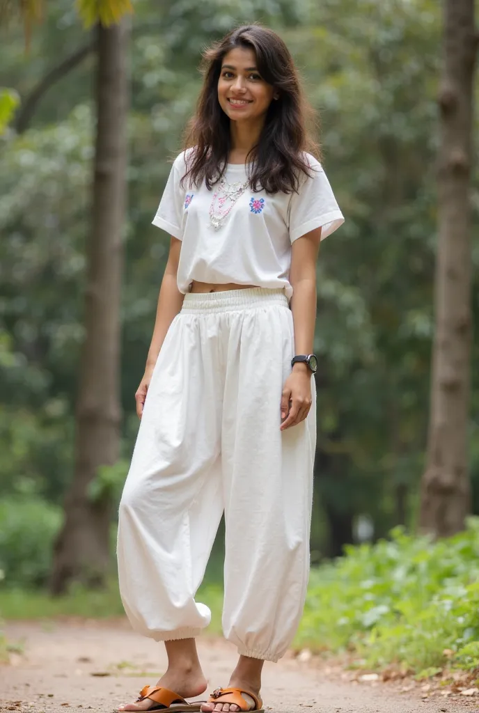 Wanted sri lanakan style girl wearing casual elephant pant .A photo showing the whole body. This pant colour white colour . Sri lankan girls photos