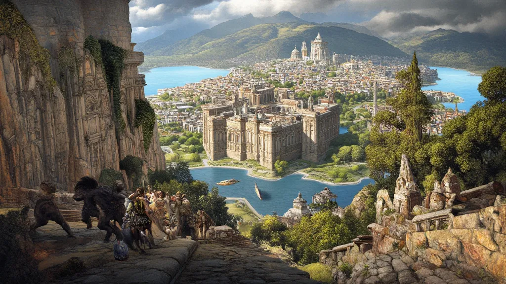 "The majestic city of Themyscira, the mythical Greek Amazon city. The scene shows Amazons walking around the city, revealing what the city looks like inside the walls. The city is a fortress crossed by a river, with lush gardens and magnificent architectur...