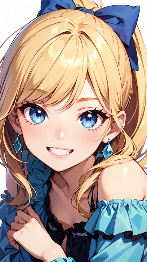 Blonde Perm Ponytail、blue eyes、Rainbow Color Off-the-Shoulder Ruffle Blouse、Small Diamond Earrings、smile、Close-up of face。laughs。cute pose。Illustration up to the chest

anatomically correct, high detail, high image quality model, very detailed, Ultra High ...