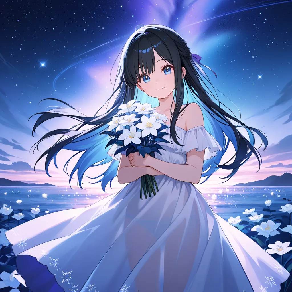 create a picture of a woman standing in the middle of the sea wearing a white cloth, while carrying a luminous white flower, she looks at the flower with a smile, her long black hair at the ends looks like it has a purple and blue glow effect, the sea is n...