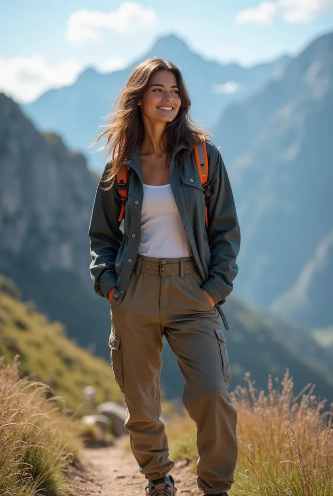 A young brunette woman with soft, flowing hair styled naturally with a slight wave stands on a mountain trail, dressed in a practical yet stylish hiking outfit. She wears a fitted windbreaker, cargo pants, and hiking boots, with a backpack slung over one s...