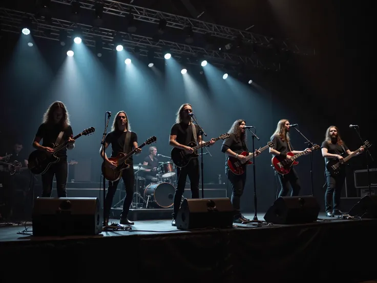 Rock band in concert, 6 musicians with long hair, all young , dressed in black, a drummer, A third party player, A guitarist, a bassist , On stage to watch wind instruments, violin, VIOLENCHELO , in the back a cross, And lights on the stage, All musicians ...