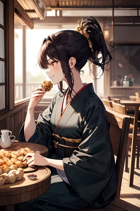  young、Female 1、Female 2、cute（（20 years old、 Gold、outsider、The hairstyle is a ponytail、 kimono、chest is big、 wears a judging hakama、gorgeous））、They sit on the veranda and chat side by side while eating dumplings together、 photos、masterpiece、highest quality...