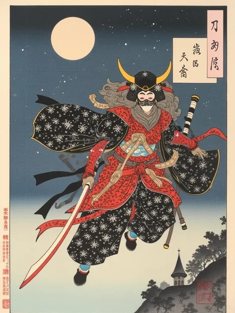 Ukiyoe, Ukiyoe style, (closeup shot, headshot), geisha in ninja costume flying in the night sky, big moon in the background, ink painting, fushihui, tsukioka1 Japanese woodblock print ukiyo-e, FuturEvoLabNinja, scary ukiyo-e.