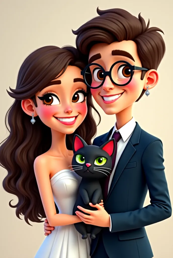 Make a bride in a white dress, long dark brown curly hair, Honey-colored eyes and the groom in the dark blue suit dark brown eyes, dark brown hair and a beautiful smile, With half-rounded glasses and earring in one ear, In this photo the couple has a black...