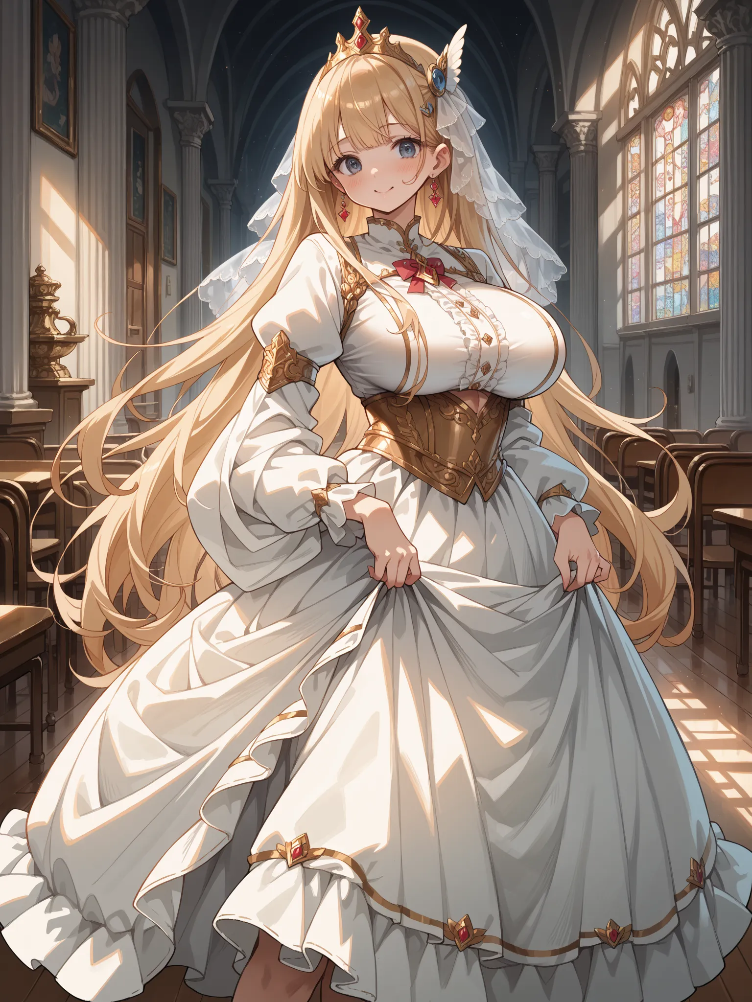 (anime, 2d:1.4), (thin outline, clear shadow edge), royal princess, schoolgirl, juvenile, large expressive eyes, detailed skin texture, light skin, blushing cheeks, sofit smile, detailed very long hair, hair ornament, huge breasts, big waist, obscene body ...