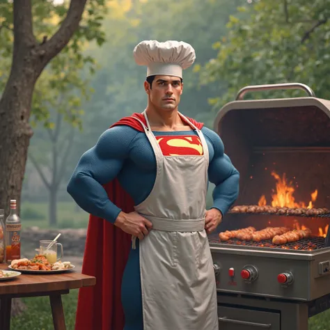 Realastic super man wearing chef unifrom and bar b q 