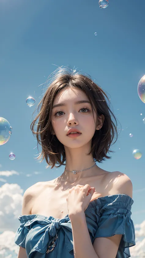   Best Masterpiece,Blue sky with soap bubbles in the background, short bob,Adult Women , high brand one-sided off-shoulder choker against the blue sky with soap bubbles in the background, ,4K Hi-Def    