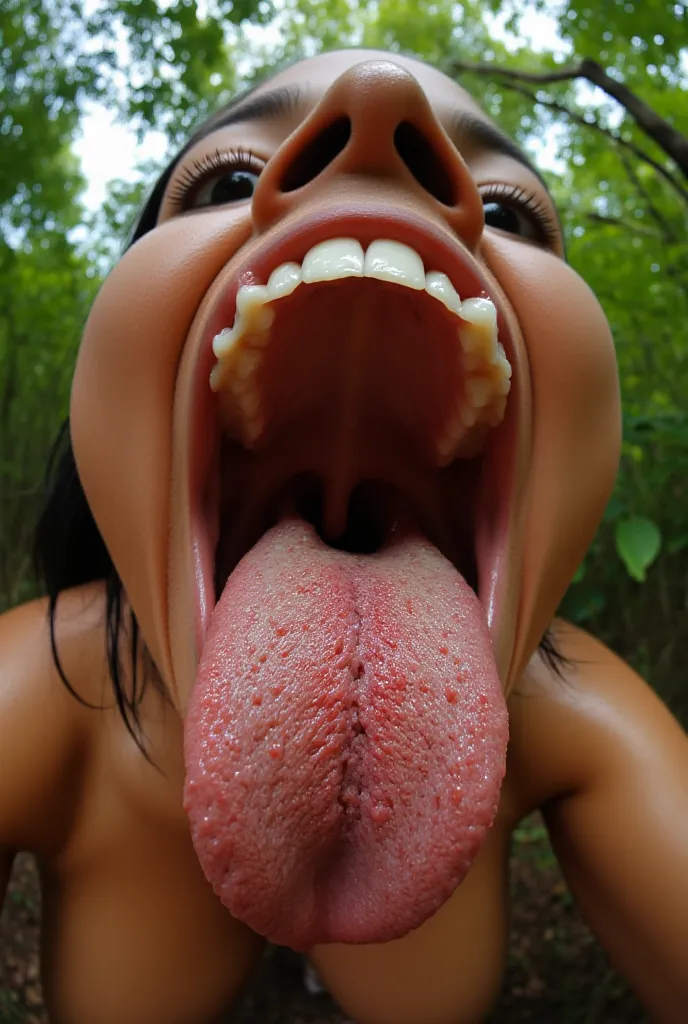 Amazonian gorgeous giant woman, Licking viewer,  1 girl,lip,(saliva), ,thick lips,  drool,  Staring  _in_ viewer,,tongue_outside,flap,length_tongue,thick lips, long tounge, drool with passengers, fisheye lens, close-up ,Show me your nostrils, Highlight you...