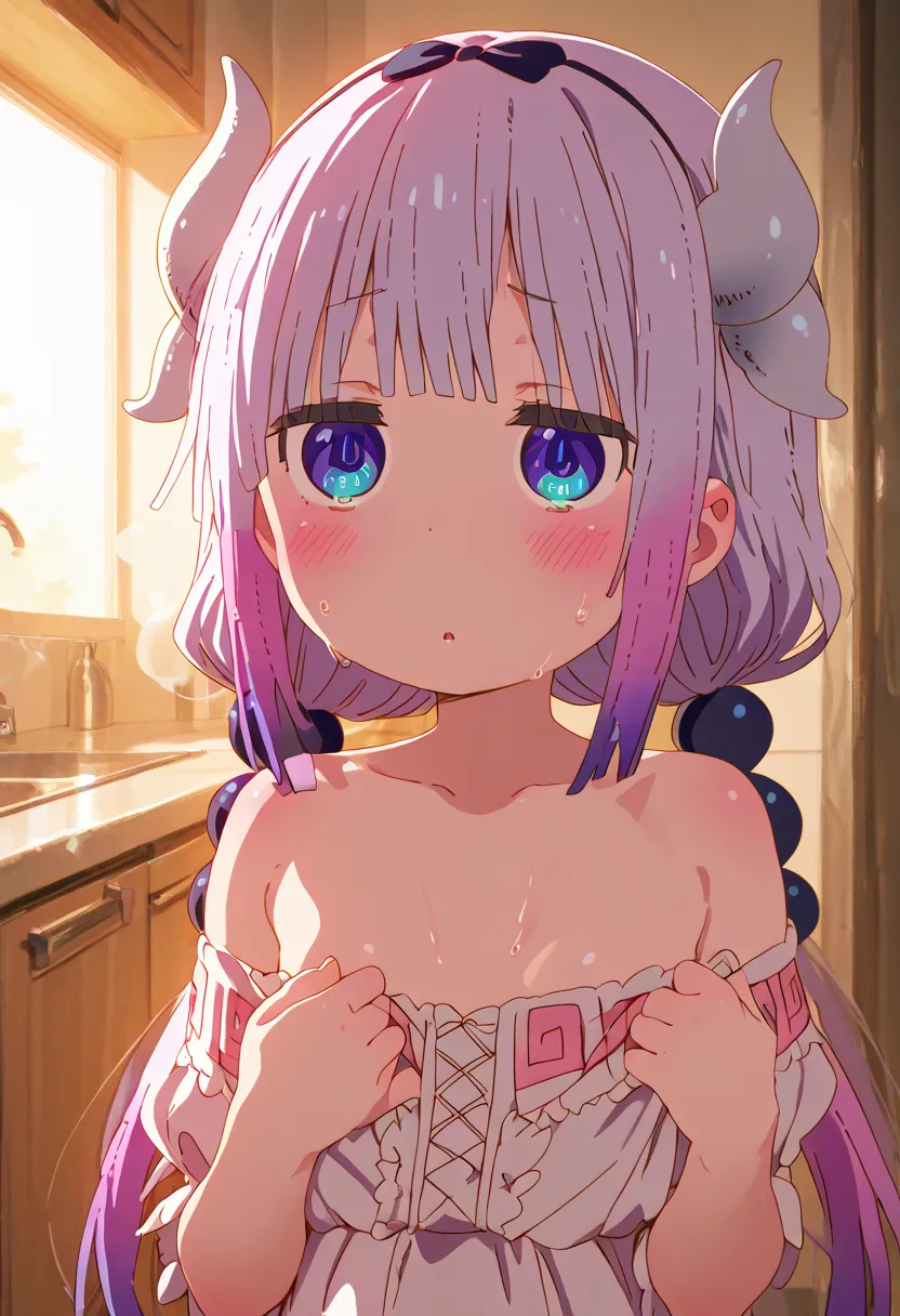 Kanna Kamui from the anime Dragon Maid with very small tits and wearing a French maid dress with a bow on her head in a kitchen and wearing a strapless dress o and looking slutty and blushing with a scary smile and big eyes and sweating because of the heat...