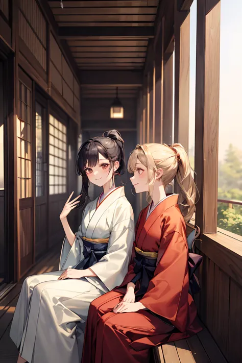  young、Female 1、Female 2、cute（（20 years old、 Gold、outsider、The hairstyle is a ponytail、 kimono、chest is big、 wears a judging hakama、gorgeous））、They are sitting on the veranda and chatting together、 photos、masterpiece、highest quality、high image quality、smil...