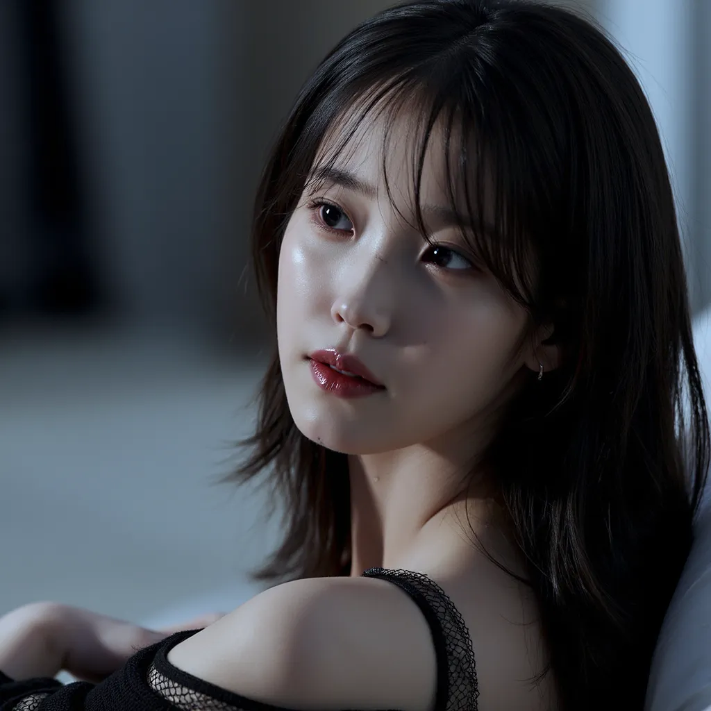 IU side profile picture, s bodyline, wearing a tight see through tiny shirt, professional portrait, detailed facial features, intense expression, flawless skin, delicate facial structure, elegant posture, high resolution, photorealistic, studio lighting, s...