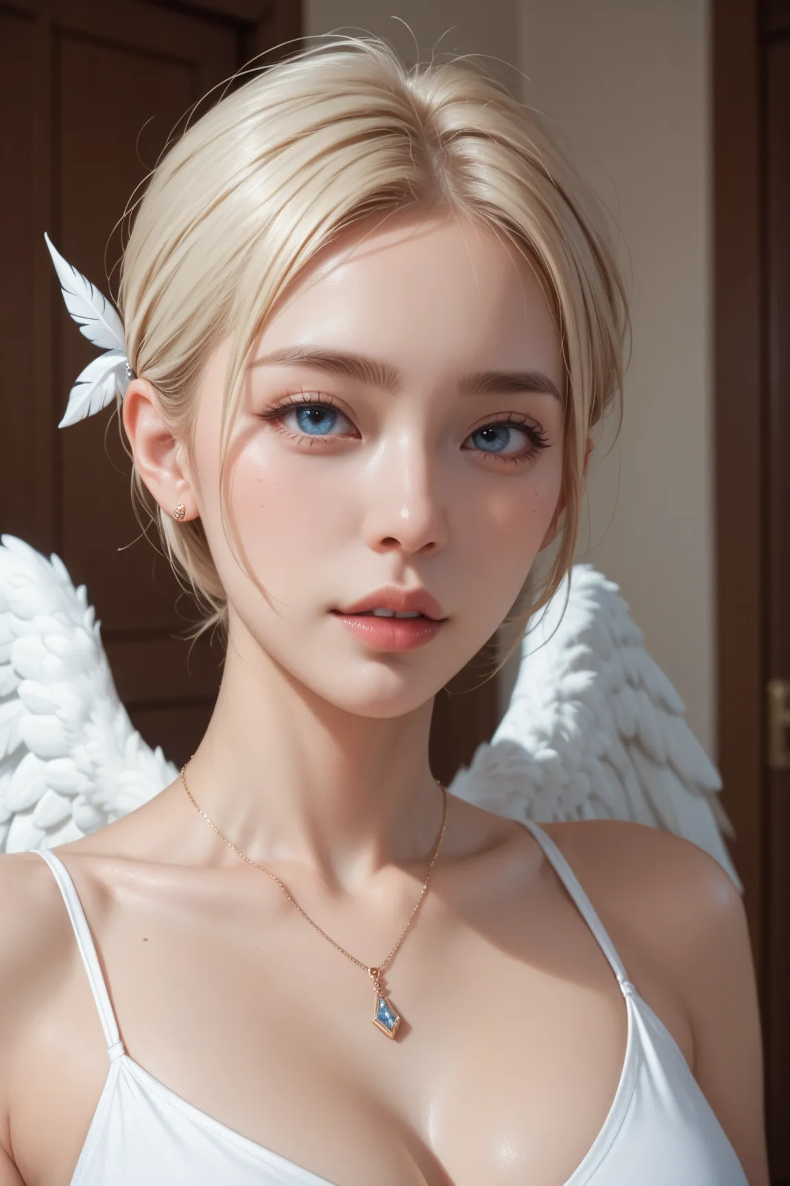 A girl who is half angel and half human,easygoing face,girl's room