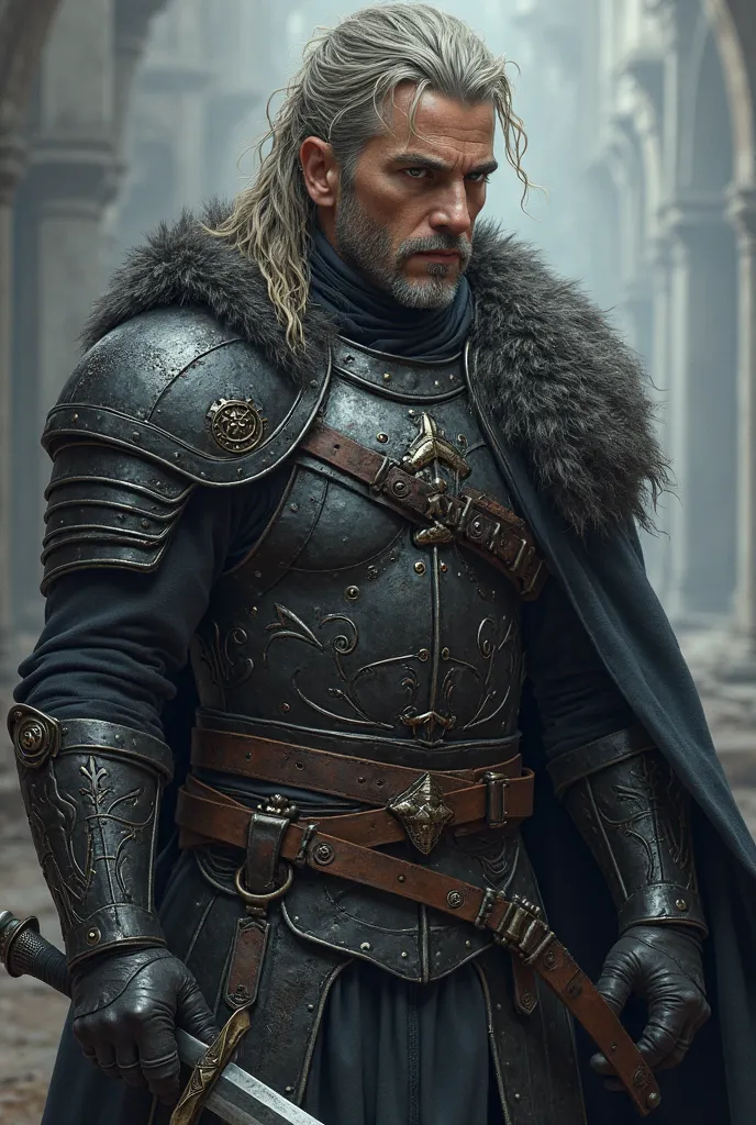  35 year old man . Dark blond hair with gray locks.  Eyes as gray as steel, full of regret. muscular body, with numerous war scars. He wears dark armor with ancient runes, and his sword of war is always at his side.