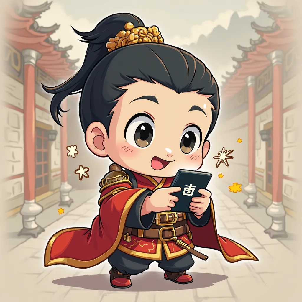 draw chibi character Lu Bu playing game on phone with happy face