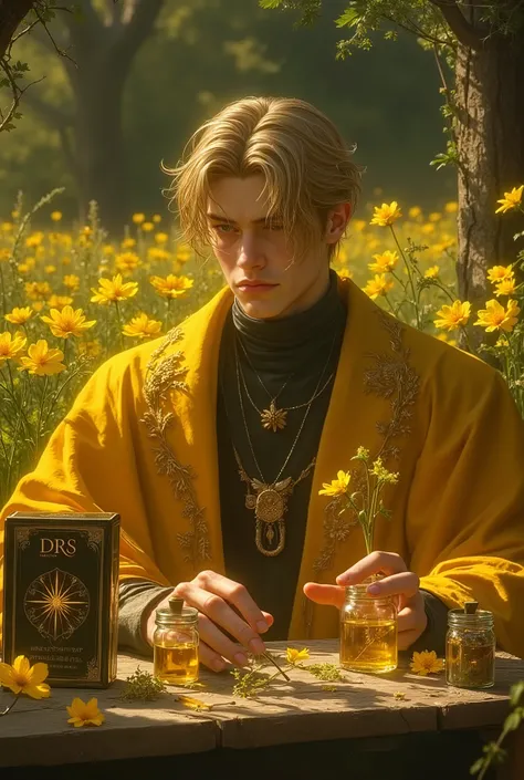 (photorealism:1.2), A young, tall, slim fit, handsome, A mystical Meadowwitch character in a tranquil meadow filled with blooming yellow Buttercups (Ranunculus) radiating a soft magical glow. The Meadowwitch wears a deep yellow wizard’s robe adorned with d...