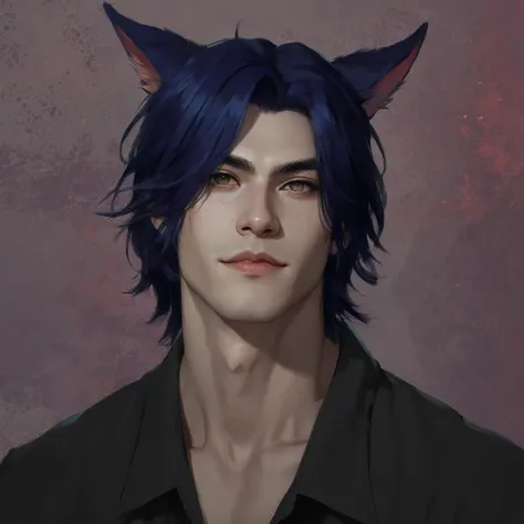 there is a man with blue hair and a cat ears, caleb from critical role, handsome japanese demon boy, handsome guy in demon slayer art, anime portrait of a handsome man, long pointy ears, with pointy ears, anthro portrait, dnd portrait of a tiefling, wolf e...