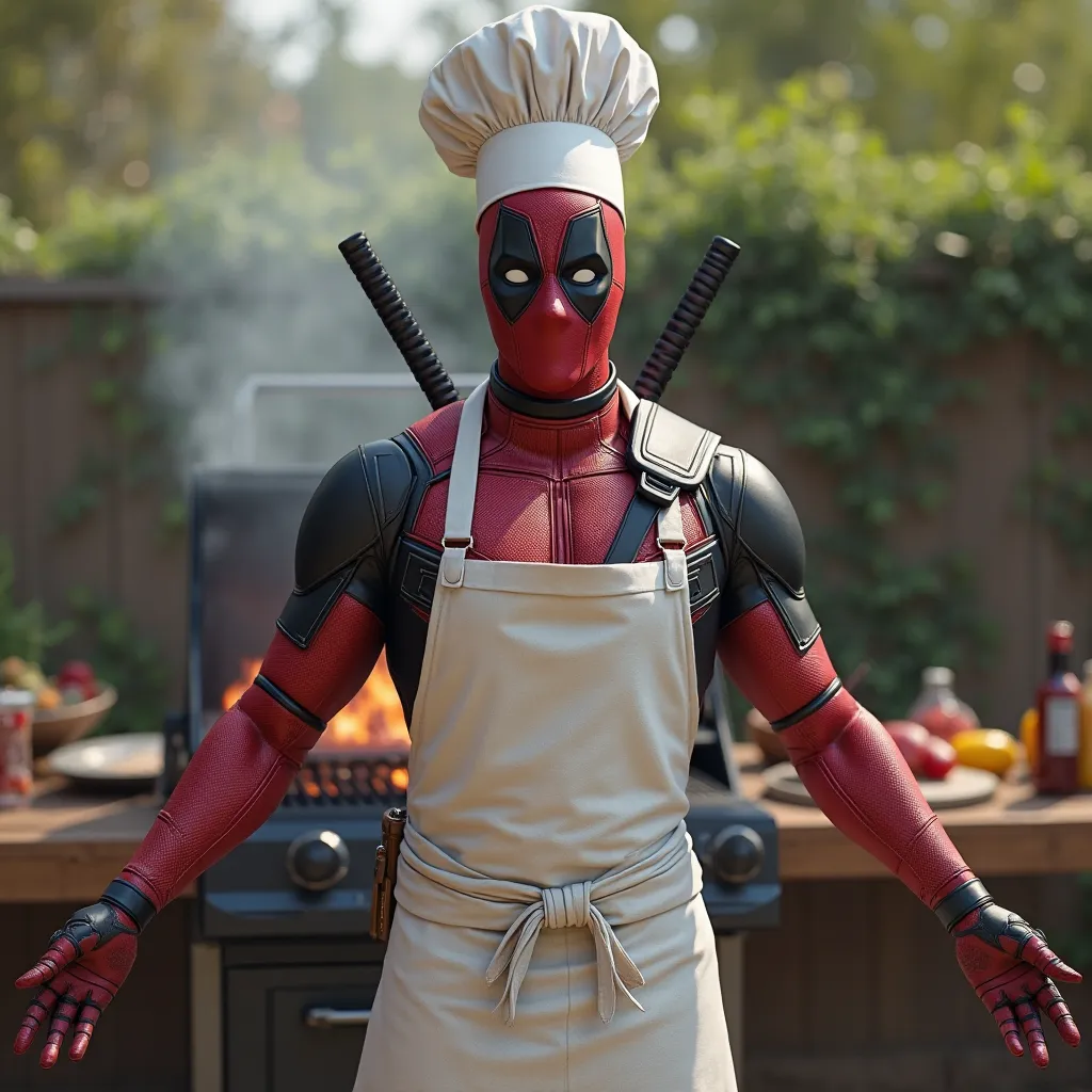 Realastic dedpool man wearing chef unifrom and bar b q 