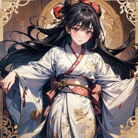 "A beautiful young girl with a cute yet dignified expression, dressed in an elegant traditional kimono, featuring intricate patterns and soft colors. She has long, straight black hair that flows naturally, framing her poised and graceful face." 
