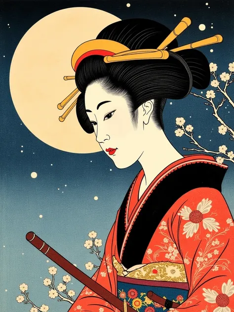 Ukiyoe, Ukiyoe style, (closeup shot, headshot), geisha in ninja costume flying in the night sky, big moon in the background, ink painting, fushihui, tsukioka1 Japanese woodblock print ukiyo-e, FuturEvoLabNinja, Ukiyo-e style by Hokusai.