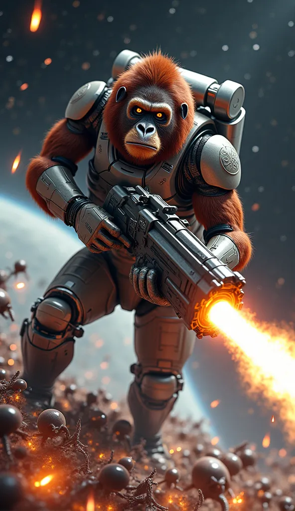 An orangutan in space armor, using a plasma gun against an army of alien invaders in a zero-gravity environment.