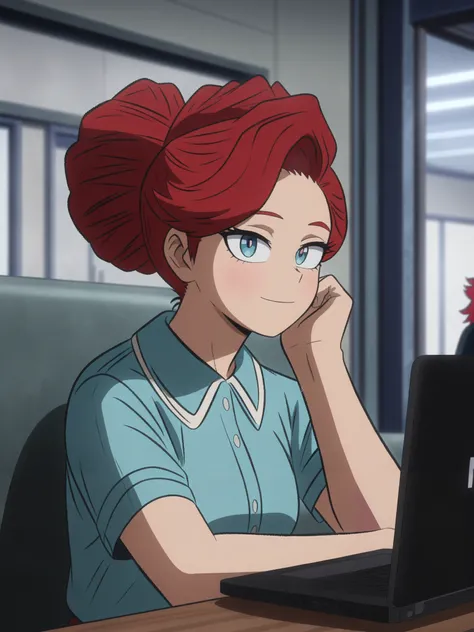 (masterpiece, best quality, anime, anime coloring:1.3, superhigh res, superdetailed). (((MHA OC, turquoise eyes, female, red hair, 1950s-style short bouffant hairstyle))). Small smile, Colorfull. Waiting room background, working on laptop whole sitting on ...