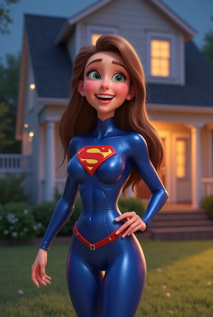 A young, light-skinned female character, likely in her late s or early twenties, is depicted in a superhero-style costume.  She has long, brown hair and expressive green eyes.  A wide smile reveals white teeth. Her body type is slender, and she is wearing ...