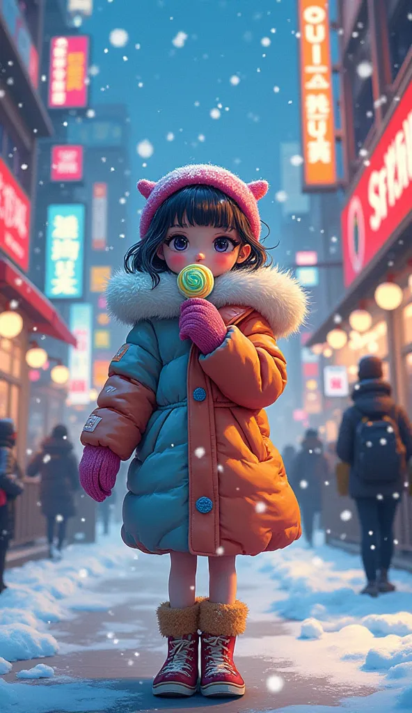 A girl with thick coat, furry boots, eating lolipop, walking at a street in tokyo