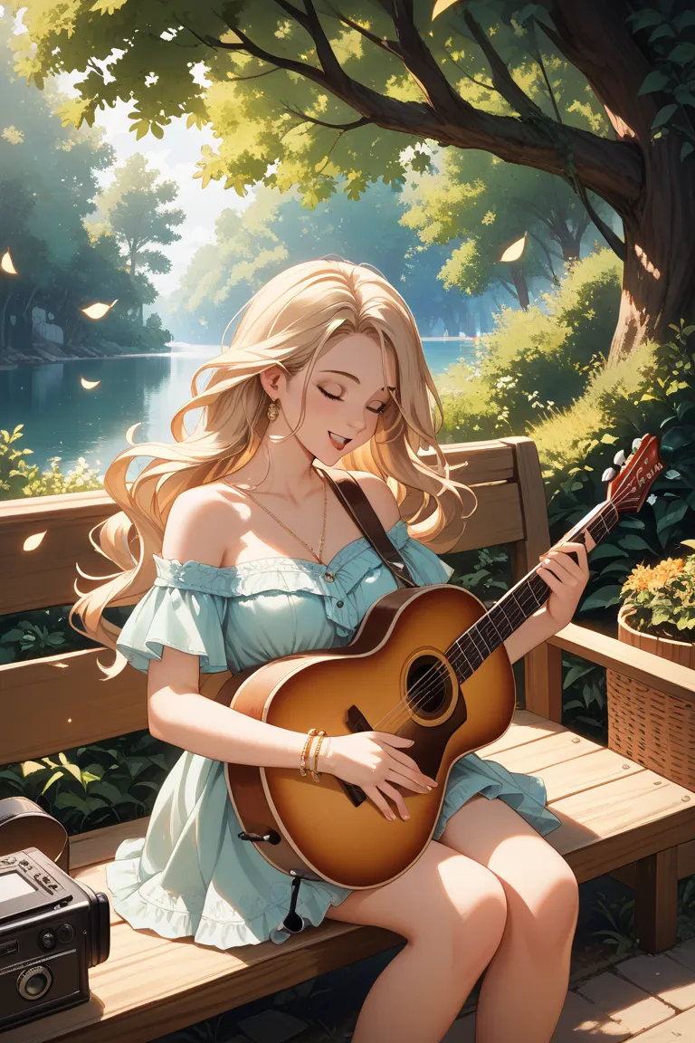 Beautiful woman playing guitar and talking