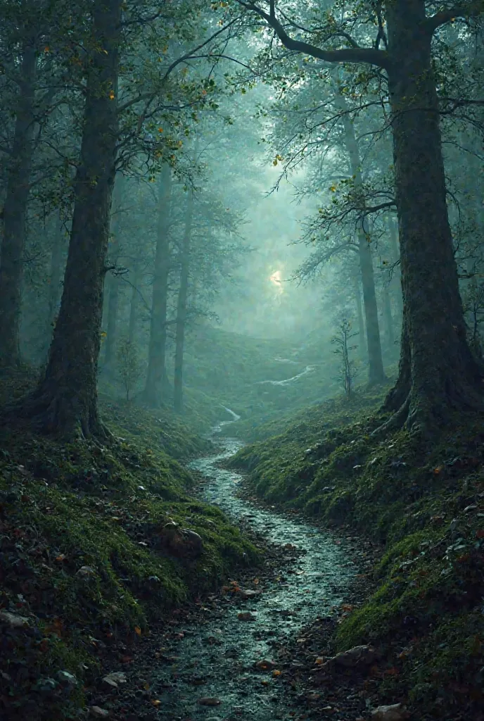 Dark forest with two paths, one leading to a hill with a small light and one with a dark mist