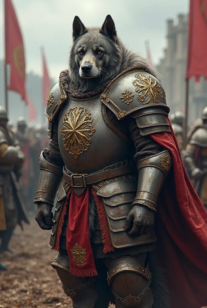 Aged dog mascot in 12 armor