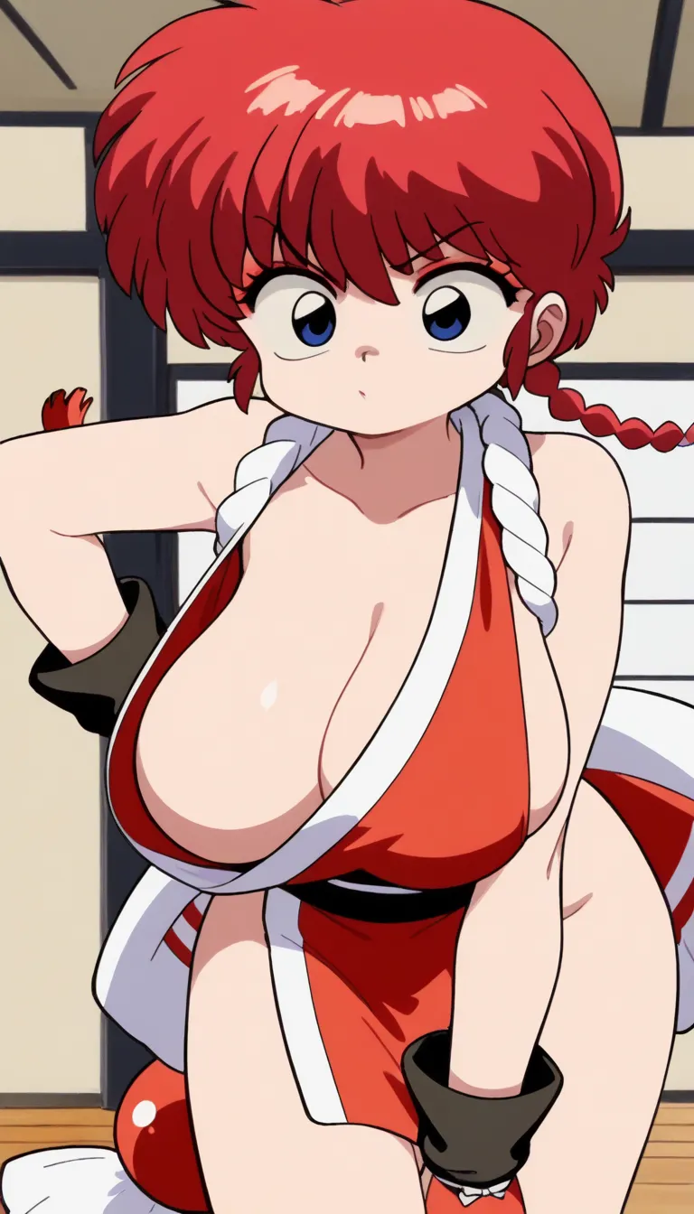  Ranma saotome , red hair, braided hair, blue eyes, detailed eyes, big breasts, NSFW, makeup on eyelids, purple eyelids, Shiranui Mai cosplay, The King of Fighters cosplay, red outfit with white details,  sideboob, advance in the hand, dress with pelvic wi...