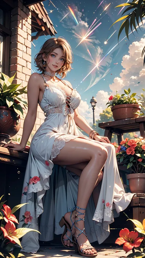 masterpiece, best quality, Absard Dress,  Perfect Antony, 1 girl, Alone, Pascal Tales, short hair, beautiful,  cheerful,  Clear Days , botanical garden where two people join arms, Summer Breeze,  sundress, Floral, wave hair, smile、sexy proportions、erotic、L...