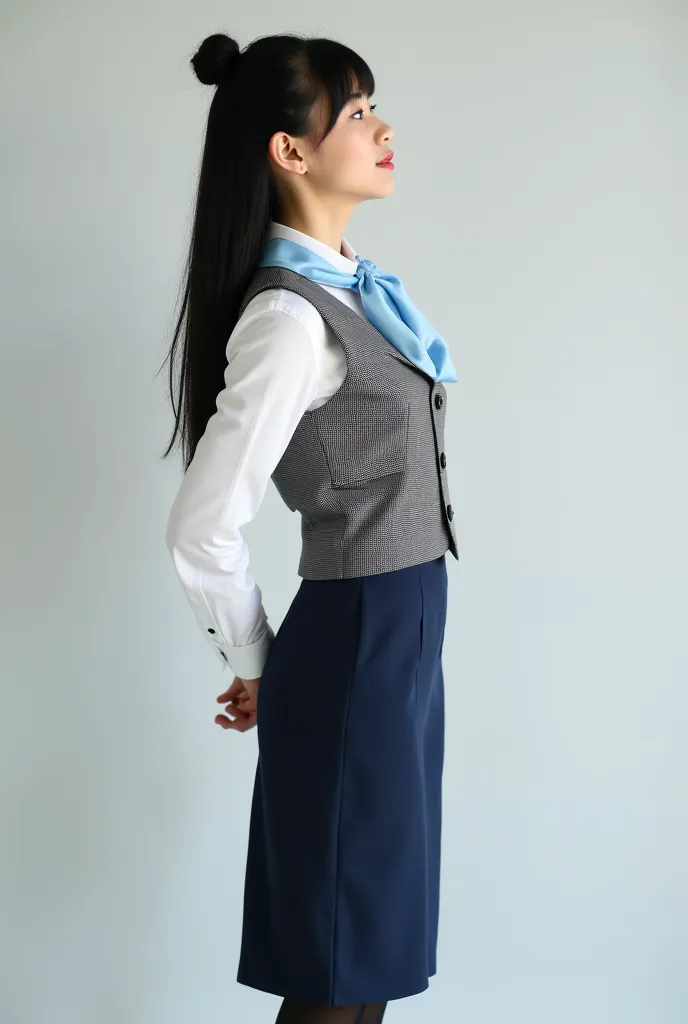 A beautiful young Japanese woman. her neck is tilting backwards, her face is completely upside. She is wearing a neatly tailored gray checkered vest with a prominent check pattern over a white blouse, a navy blue knee-length pencil skirt, a light blue silk...