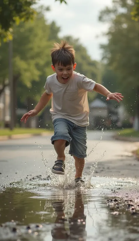 with a ball near a puddle on the road. He is mid-fall, about to land in the water, with his arms flailing and an expression of surprise and slight panic on his face. Water splashes slightly as his foot touches the puddle. The background features a peaceful...