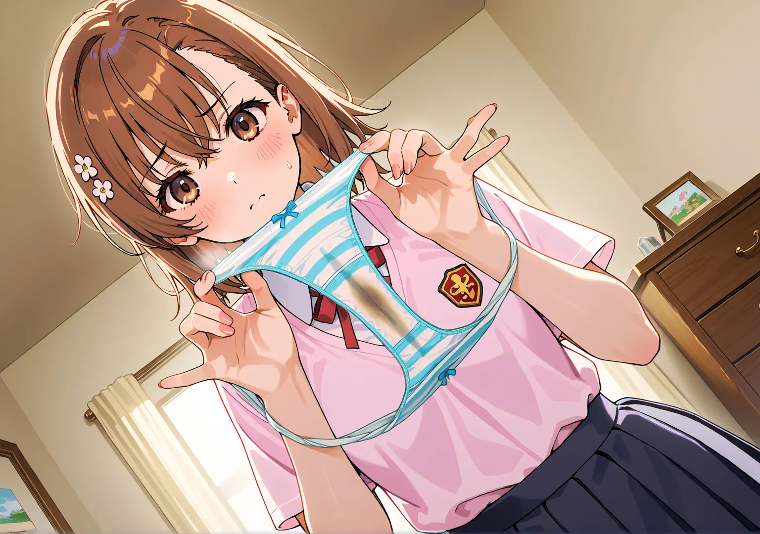 Beautiful Girl、Misaka Mikoto、pleated skirt、blush、 girly room、chest of drawers、chest of drawersの引き出しが開いている、chest of drawersの中には下着、panties in hand、holding panties with both hands、steam from panties、chest of drawersが開いてる、show off their panties、Crotch、panties ...