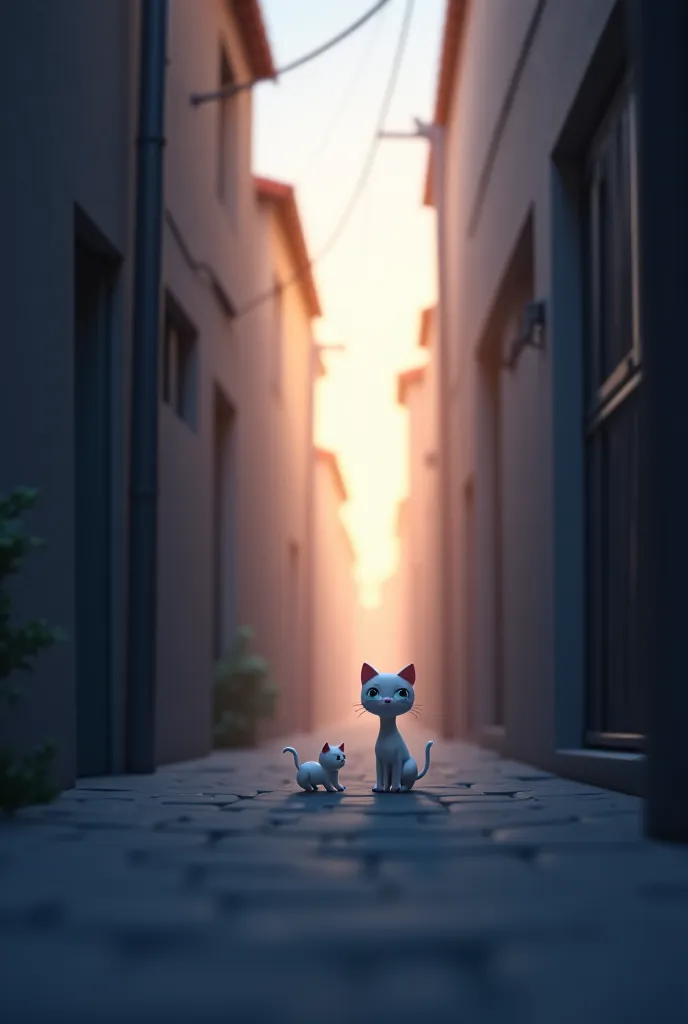 3D anime-style cartoon scene, a cold, gray alleyway at dawn. **Luna, the small white kitten, wakes up to silence.** She nudges Whiskers, but he doesn’t move. Her large, expressive eyes fill with sadness. The morning light is cold and distant. The atmospher...