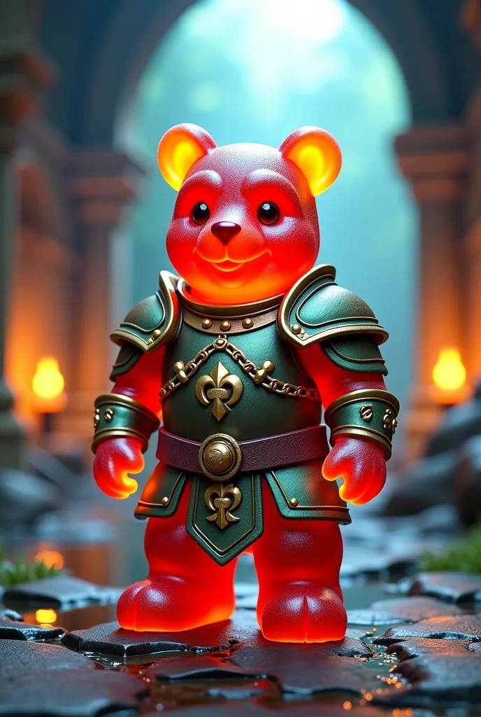 A gummy bear dressed in armor for a world of dungeons and dragons