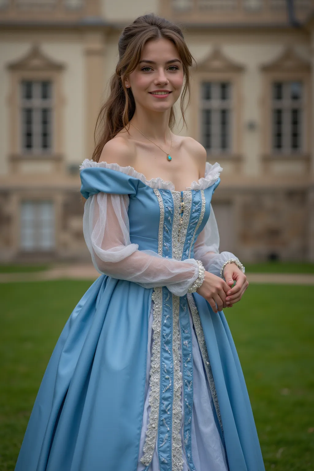 Realistic shot of a full body portrait of a young brunette German princess aged 20 with a ponytail, Krone,  necklace,  smile. She presents herself playfully in front of the camera in a blue baroque princess dress...,glamour fotoshooting, beautiful female h...