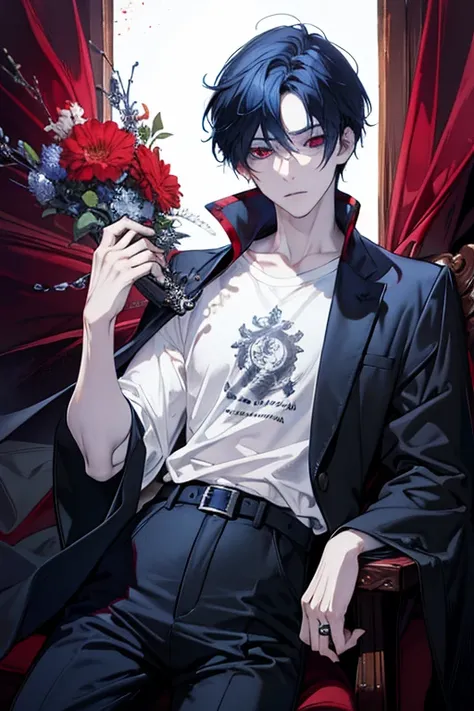 (absurdities, highres, ultra detailed, HDR), masterpiece, better quality, 1 boy, Alone, beautiful, dark blue hair, finely  red-eyed and detailed face,  detailed, ((wears a white t-shirt and black pants)), ( Pale white skin ), dutch angle, upper body, Sligh...