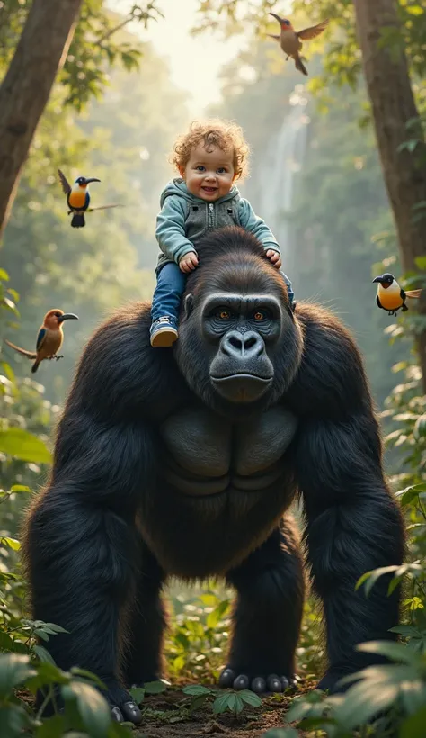 A hyper-realistic image of a baby riding a massive eastern lowland gorilla in a dense, tropical rainforest. The baby, about one year old, has soft, curly blond hair, bright blue eyes, and a joyful smile. The  is wearing a light blue jacket with a gray bib-...