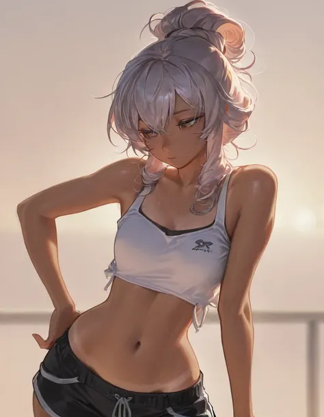 Score_9, Score_8_up, Score_7_up, Score_6_up, masterpiece, portrait, best quality, upper body, 1female, wide hips, short stature, tanned skin, curled tied hair, wearing a crop top, shorts, L0LSPL4SH,