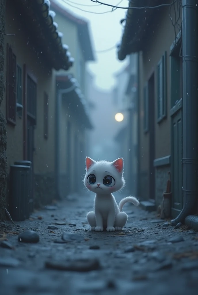 3D anime-style cartoon scene, a cold, gray alleyway at dawn. **Luna, the small white kitten, wakes up to silence.** She nudges Whiskers, but he doesn’t move. Her large, expressive eyes fill with sadness. The morning light is cold and distant. The atmospher...