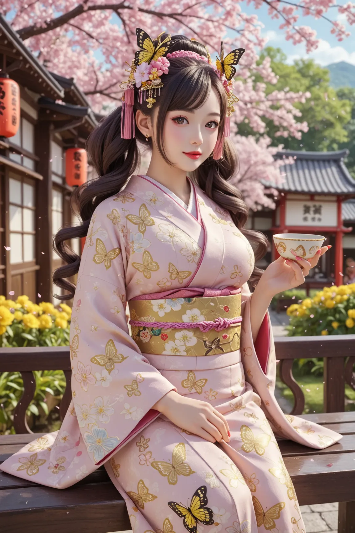 A breathtakingly elegant portrait of a courtesan from the Edo period. She stands in a traditional Japanese town in broad daylight. She is  and adorable, with large breasts ((big breasts: 1,6)), and wears an uchikake embroidered with gold and silver threads...