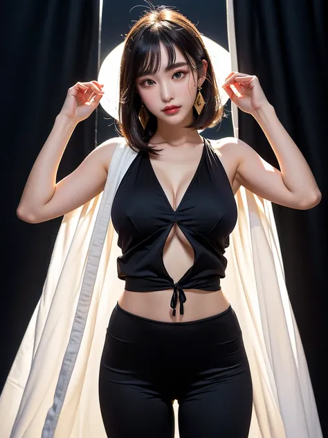 Stylish and muscular、in front、  floats in the night sky 、 big pink nipples、  pants、 Her super-transparent organza poncho, which covers her entire body, is lifted up、  oily and shiny skin 、 straight short bob without bangs、bangs、 Japanese、 1 girl,  High Res...