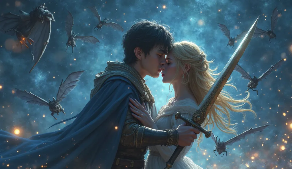  fantasy。Attacked by many flying demons、A young man who hugs a beautiful blonde woman crying and closes her eyes while fighting with a sword with an angry face。Stars that shine like crystals at night。4K